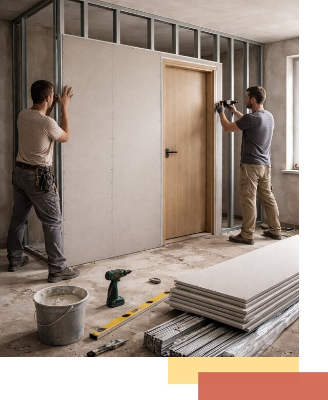 Перегородка из гипсокартона с дверью под ключ в Махачкале