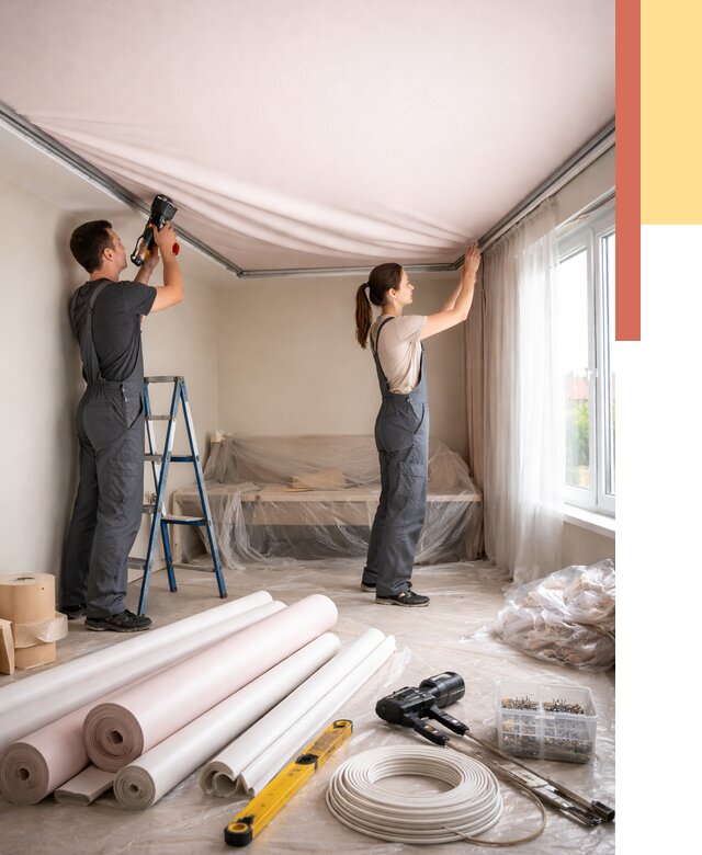 Монтаж цветного натяжного потолка в Махачкале от 4349 руб/м² — быстро и недорого | ОТДЕЛОЧНИК-Мхч