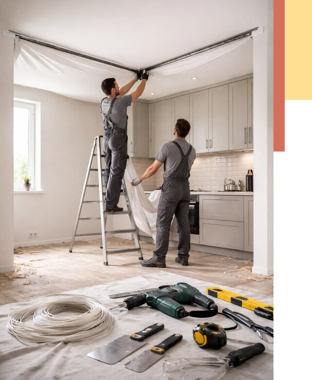 Установка натяжного потолка на кухне в Махачкале от 2485 руб. | ОТДЕЛОЧНИК-Мхч