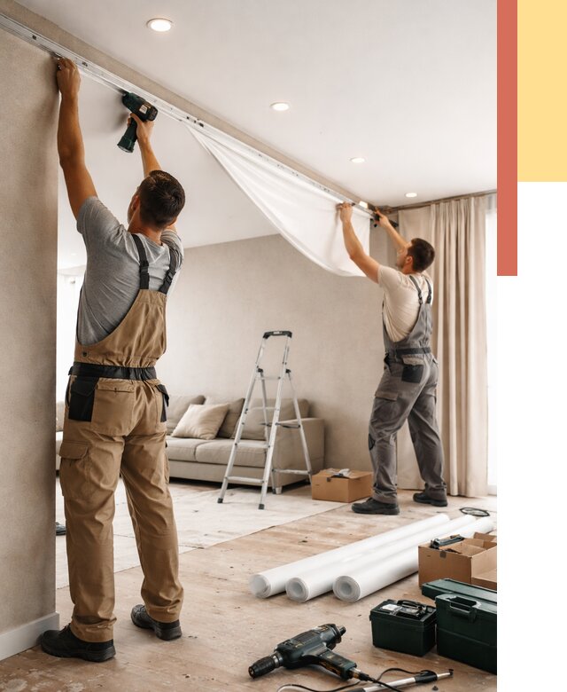 Монтаж натяжного потолка в гостиной в Махачкале от 570 руб. | ОТДЕЛОЧНИК-Мхч