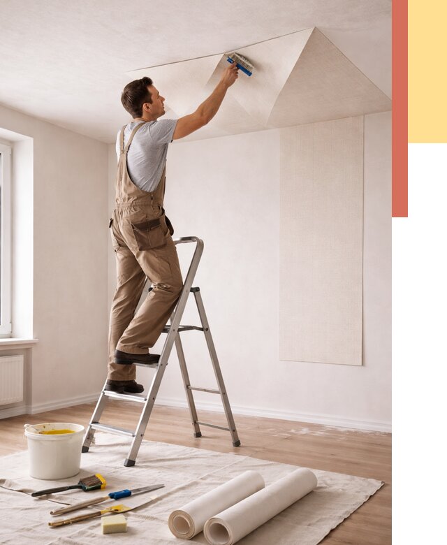 Поклейка обоев на потолок в Махачкале от 4660 руб. быстро и недорого | ОТДЕЛОЧНИК-Мхч